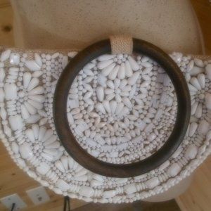 ZARA WOMAN CREAM BEADED HAND BAG BOHO WOODEN HAND
